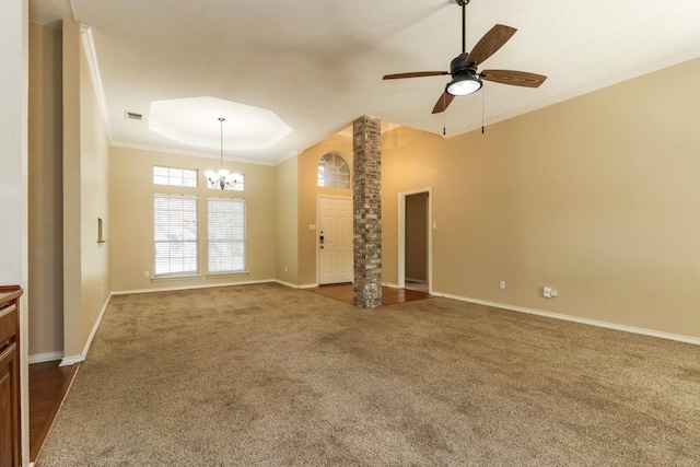 665 Cardinal Ridge Rd, Burleson, TX 76028 - unfurnished living room featuring a chandelier, ceiling fan, baseboards, dark carpet, and ornamental molding