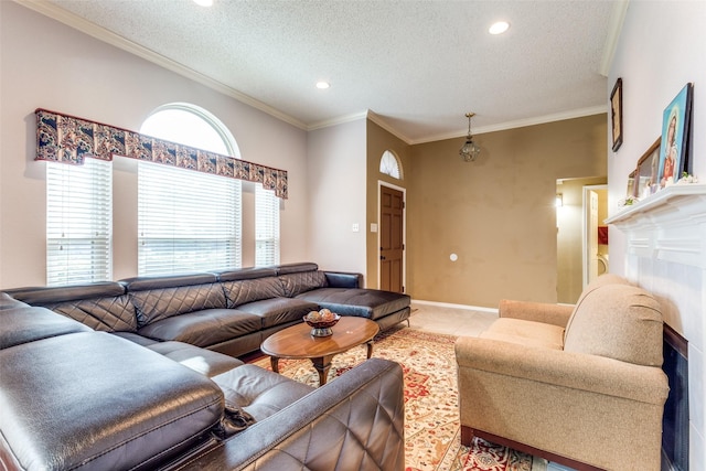 2123 Alto Ave, Carrollton, TX 75007 - living room with a textured ceiling, light tile patterned floors, crown molding, a fireplace, and recessed lighting