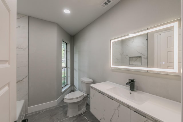 1103 Teakwood Dr, Duncanville, TX 75137 - bathroom featuring marble finish floors, toilet, vanity, recessed lighting, and baseboards