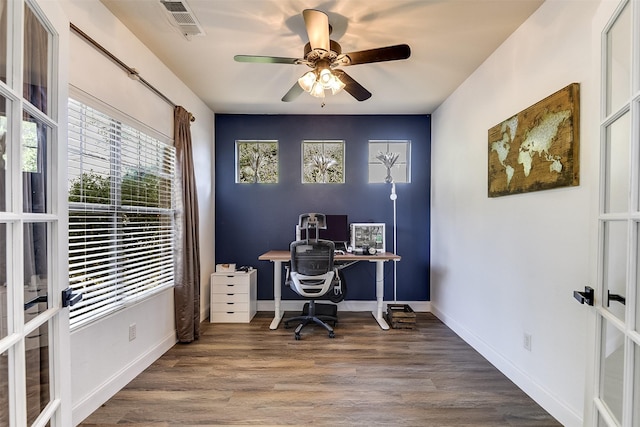 712 Saddleway Dr, Fort Worth, TX 76179 - office space featuring a ceiling fan, wood finished floors, and french doors