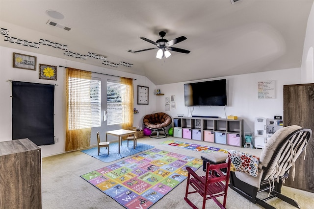 712 Saddleway Dr, Fort Worth, TX 76179 - rec room featuring ceiling fan, carpet floors, and lofted ceiling