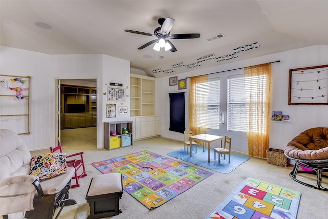 712 Saddleway Dr, Fort Worth, TX 76179 - game room with vaulted ceiling, ceiling fan, and carpet flooring