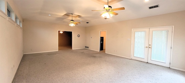 6121 Over Lake Dr, Fort Worth, TX 76135 - empty room with a ceiling fan, light carpet, french doors, baseboards, and recessed lighting