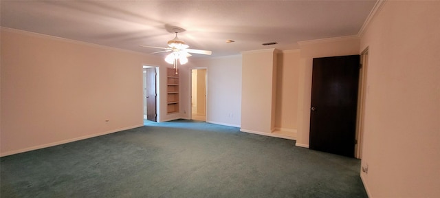 6121 Over Lake Dr, Fort Worth, TX 76135 - empty room with crown molding, dark carpet, a ceiling fan, and baseboards