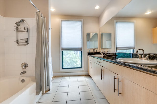 4414 Cedar Springs Rd Unit 226, Dallas, TX 75219 - full bath with shower / tub combo with curtain, double vanity, and tile patterned flooring