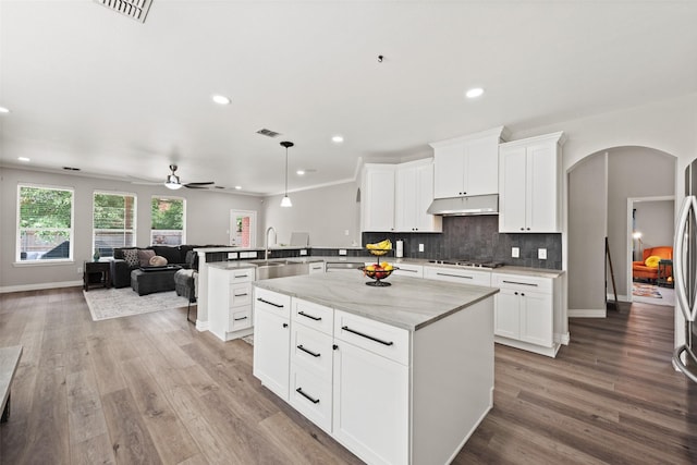 3516 Horace Ave, Fort Worth, TX 76244 - kitchen with a sink, a peninsula, arched walkways, open floor plan, and under cabinet range hood