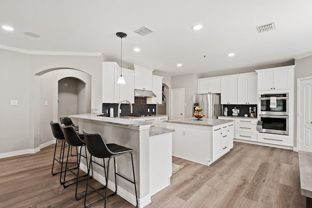 3516 Horace Ave, Fort Worth, TX 76244 - kitchen with stainless steel appliances, arched walkways, tasteful backsplash, ornamental molding, and light wood finished floors