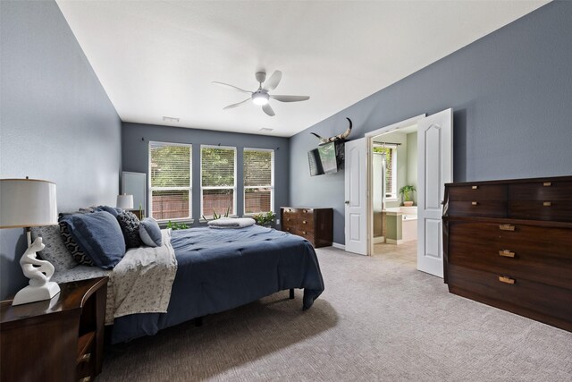 3516 Horace Ave, Fort Worth, TX 76244 - bedroom with light carpet, a ceiling fan, and ensuite bath