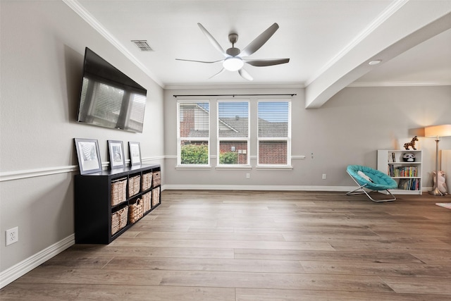 3516 Horace Ave, Fort Worth, TX 76244 - unfurnished room with a ceiling fan, crown molding, wood finished floors, and baseboards