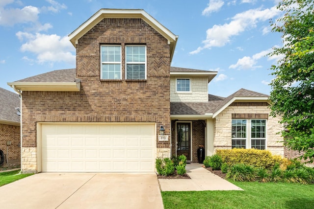 813 Mathew Dr, Anna, TX 75409 - traditional-style house featuring roof with shingles, driveway, stone siding, and a garage