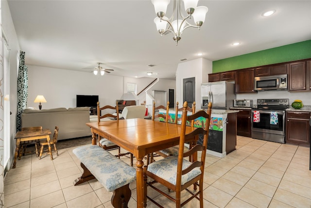 2841 Pacifico Way, Fort Worth, TX 76111 - dining room featuring light tile patterned floors, ceiling fan, recessed lighting, a chandelier, and stairs