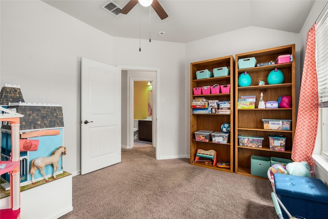 2841 Pacifico Way, Fort Worth, TX 76111 - game room featuring ceiling fan, carpet floors, lofted ceiling, and baseboards