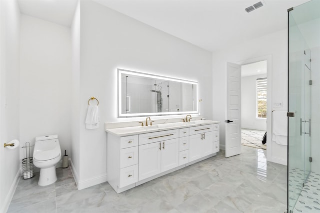3620 Quail Ln, Arlington, TX 76016 - bathroom featuring marble finish floors, double vanity, a shower stall, and baseboards
