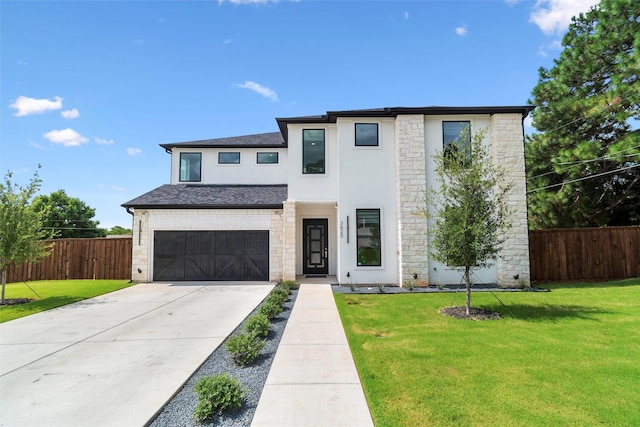 3620 Quail Ln, Arlington, TX 76016 - contemporary home with stone siding, concrete driveway, stucco siding, a garage, and roof with shingles