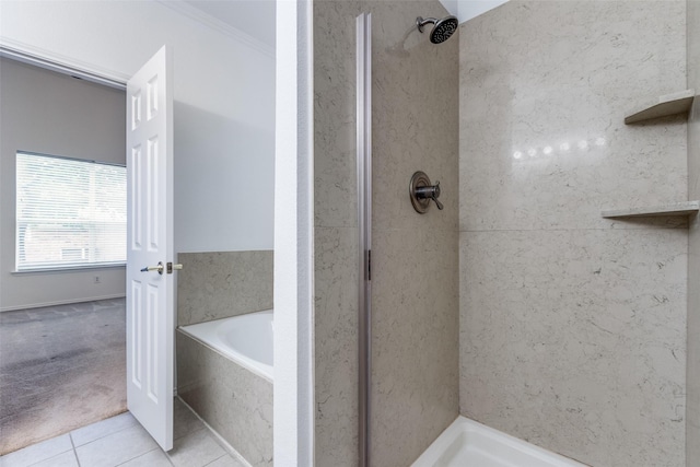 7001 Van Gogh Dr, Plano, TX 75093 - full bath with a stall shower, tile patterned flooring, a bath, and ornamental molding