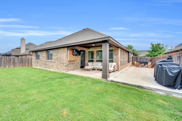 3214 Paisley Dr, Midlothian, TX 76065 - back of property featuring an outdoor living space, brick siding, a patio, and roof with shingles