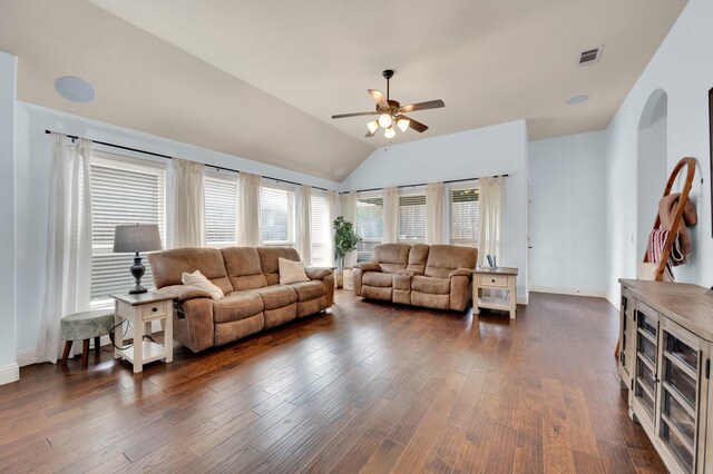 3214 Paisley Dr, Midlothian, TX 76065 - living area with vaulted ceiling, ceiling fan, plenty of natural light, dark wood finished floors, and baseboards