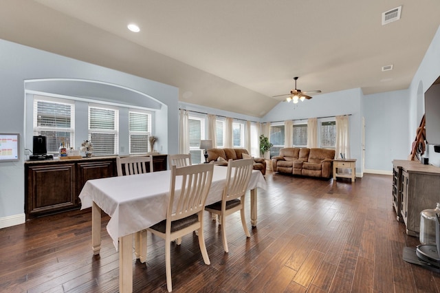 3214 Paisley Dr, Midlothian, TX 76065 - dining space featuring a ceiling fan, dark wood-style floors, vaulted ceiling, baseboards, and recessed lighting
