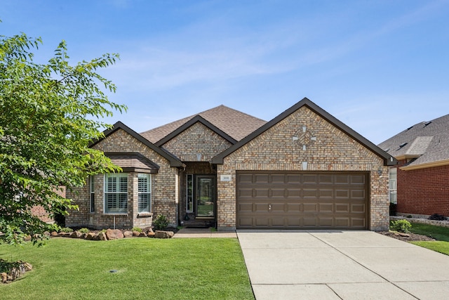 308 Wrangler Dr, Fairview, TX 75069 - french provincial home with an attached garage, concrete driveway, a front lawn, and brick siding