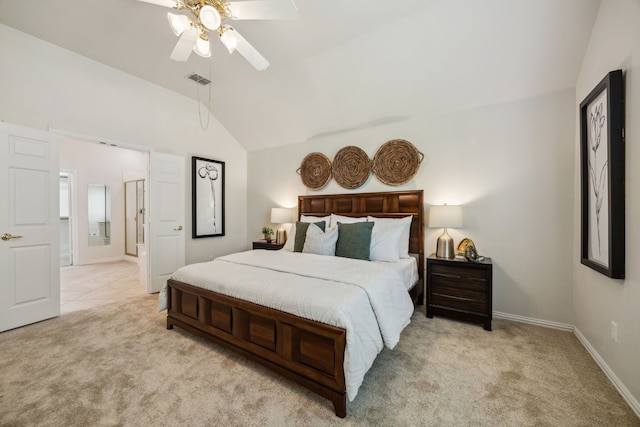 308 Wrangler Dr, Fairview, TX 75069 - carpeted bedroom with vaulted ceiling, baseboards, a ceiling fan, and ensuite bath
