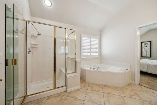 308 Wrangler Dr, Fairview, TX 75069 - full bathroom with vaulted ceiling, a garden tub, a stall shower, ensuite bath, and tile patterned flooring
