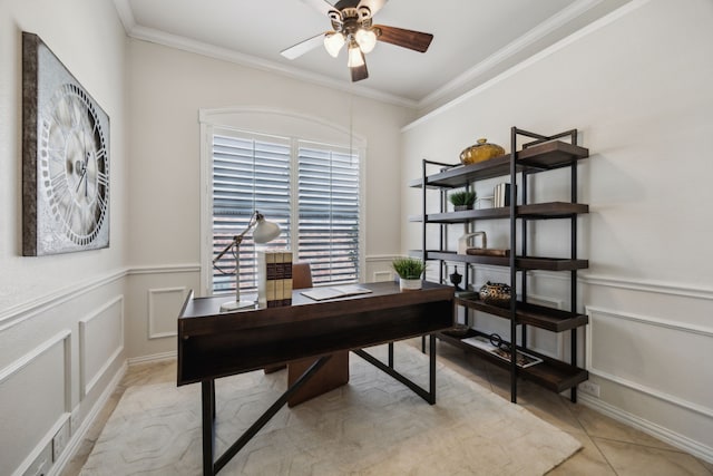 308 Wrangler Dr, Fairview, TX 75069 - office with a ceiling fan, crown molding, a decorative wall, light tile patterned flooring, and a wainscoted wall