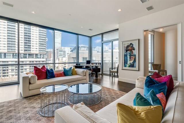 2200 Victory Ave Unit 701, Dallas, TX 75219 - living room with a view of city, wood finished floors, and a desk