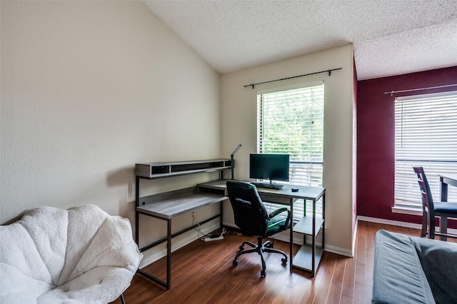 1301 Memory Ln Unit 4920, Arlington, TX 76011 - office with a textured ceiling, wood finished floors, healthy amount of natural light, vaulted ceiling, and baseboards