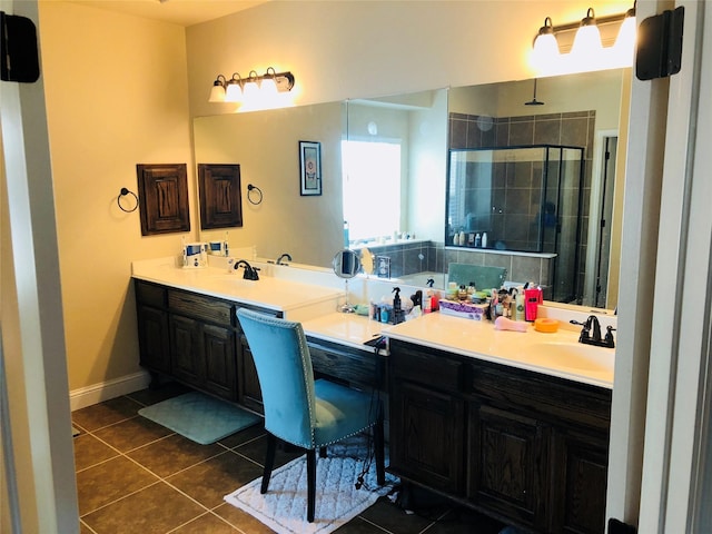 5029 E Province Pl, Irving, TX 75038 - full bathroom with double vanity, a shower stall, and tile patterned flooring