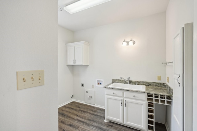 2224 Bluff Ct, Cedar Hill, TX 75104 - laundry room with electric dryer hookup, cabinet space, hookup for a washing machine, dark wood-style floors, and baseboards