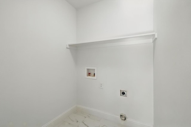 10626 Desdemona Dr, Dallas, TX 75228 - laundry room with hookup for a washing machine, light marble finish flooring, electric dryer hookup, and baseboards
