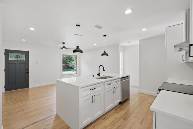 10626 Desdemona Dr, Dallas, TX 75228 - kitchen featuring a sink, stainless steel dishwasher, wall chimney range hood, ceiling fan, and light countertops