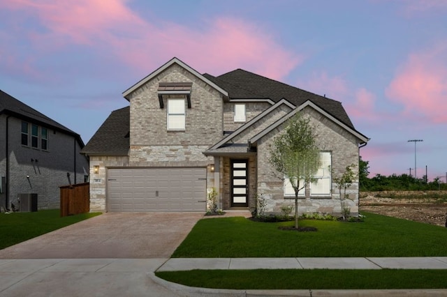 3018 Wallis Dr, Melissa, TX 75454 - view of front of house featuring stone siding, driveway, a front yard, a shingled roof, and a garage