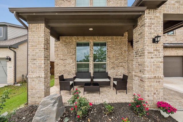 2811 Trinity Ridge St, Mansfield, TX 76063 - view of patio with an outdoor living space and a garage