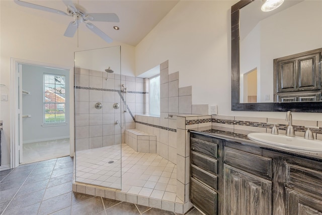 2728 Gull Lake Dr, Plano, TX 75025 - bathroom featuring a walk in shower, vaulted ceiling, vanity, and ceiling fan