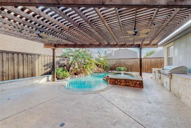 2728 Gull Lake Dr, Plano, TX 75025 - fenced backyard featuring a ceiling fan, a pergola, a patio, and a pool with connected hot tub