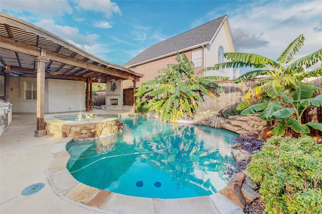 2728 Gull Lake Dr, Plano, TX 75025 - view of pool with a fenced backyard, a pergola, a pool with connected hot tub, and a patio area