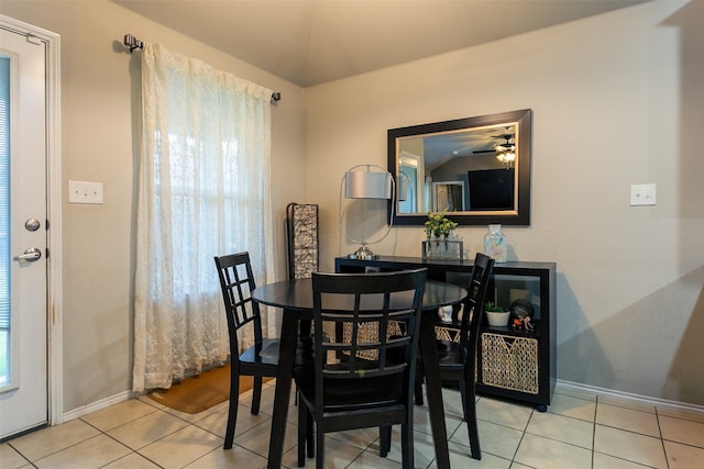 4633 Sleepy Meadows Dr, Fort Worth, TX 76244 - dining space featuring tile patterned floors, baseboards, ceiling fan, and lofted ceiling