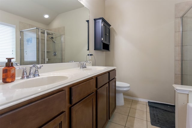 4633 Sleepy Meadows Dr, Fort Worth, TX 76244 - full bathroom with a stall shower, toilet, double vanity, tile patterned flooring, and lofted ceiling
