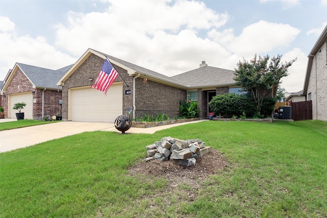 4633 Sleepy Meadows Dr, Fort Worth, TX 76244 - single story home featuring brick siding, an attached garage, central AC unit, driveway, and a chimney