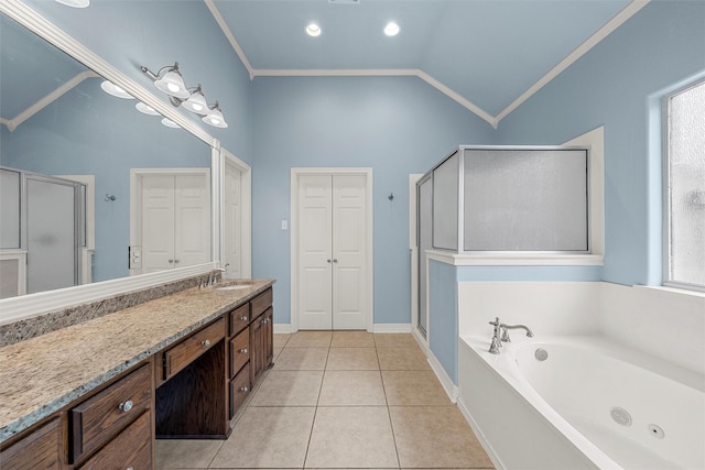 1405 Gunnison Dr, Waco, TX 76712 - bathroom featuring vaulted ceiling, vanity, a jetted tub, a closet, and a shower stall