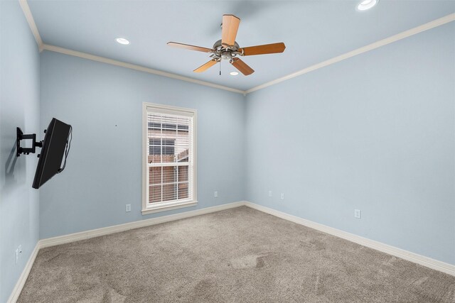 1405 Gunnison Dr, Waco, TX 76712 - spare room with ornamental molding, carpet flooring, a ceiling fan, recessed lighting, and baseboards