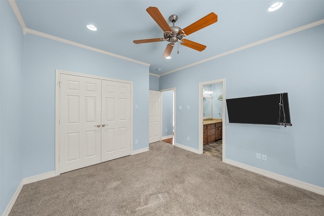 1405 Gunnison Dr, Waco, TX 76712 - unfurnished bedroom featuring carpet flooring, crown molding, baseboards, a closet, and recessed lighting