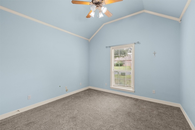 1405 Gunnison Dr, Waco, TX 76712 - spare room with a ceiling fan, carpet, lofted ceiling, ornamental molding, and baseboards