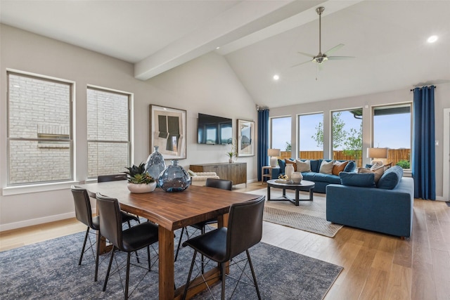 2101 Sandpiper Way, Princeton, TX 75407 - dining space with ceiling fan, light wood finished floors, recessed lighting, baseboards, and high vaulted ceiling