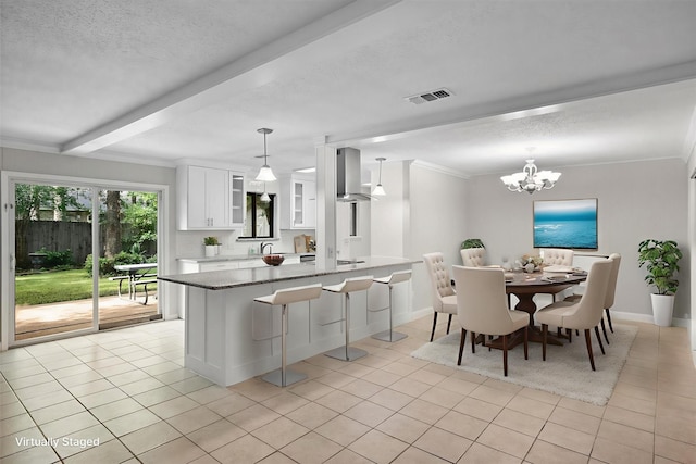 3416 Bristol Dr, Arlington, TX 76013 - kitchen with wall chimney range hood, light tile patterned flooring, white cabinets, glass insert cabinets, and a sink