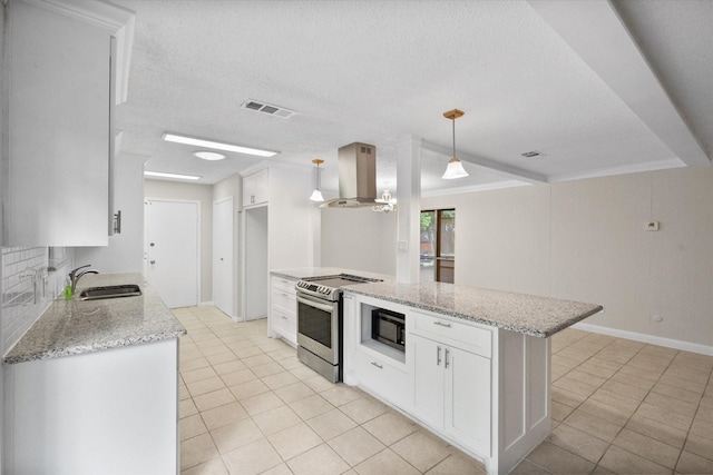 3416 Bristol Dr, Arlington, TX 76013 - kitchen with island exhaust hood, a sink, electric stove, black microwave, and light tile patterned floors