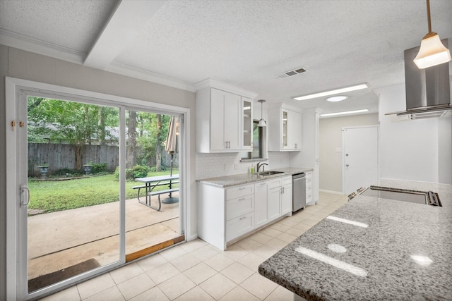 3416 Bristol Dr, Arlington, TX 76013 - kitchen with dishwasher, a sink, white cabinetry, light stone counters, and a textured ceiling