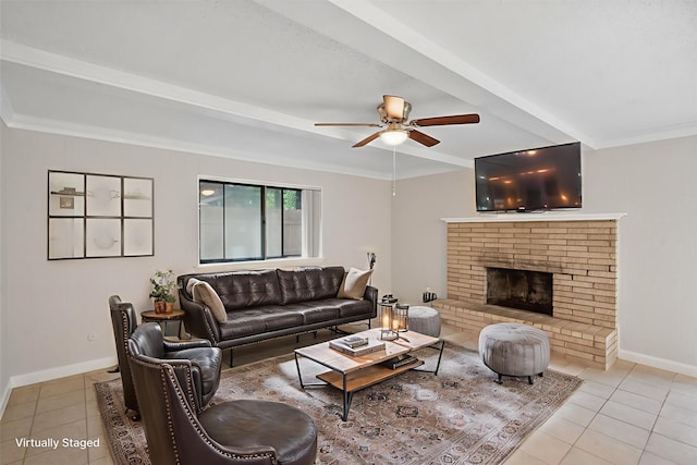 3416 Bristol Dr, Arlington, TX 76013 - living area with light tile patterned floors, a ceiling fan, baseboards, beamed ceiling, and a fireplace