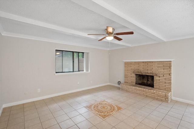3416 Bristol Dr, Arlington, TX 76013 - unfurnished living room with a ceiling fan, a textured ceiling, beamed ceiling, light tile patterned floors, and a brick fireplace